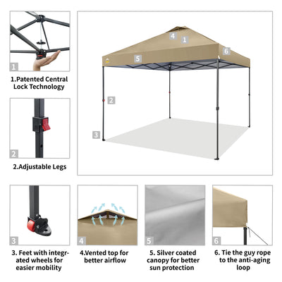 Crown Shades 10’x10’ Portable Instant Canopy Tent w/Extendable Legs, Khaki(Used)