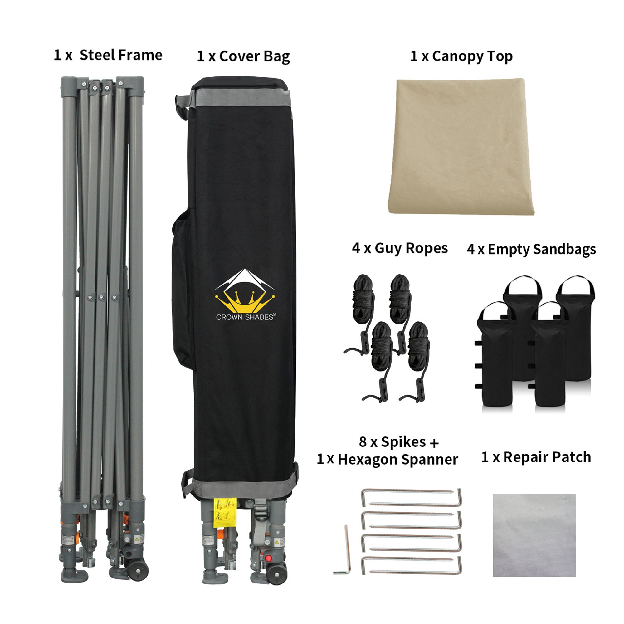 Crown Shades 10’x10’ Portable Instant Canopy Tent w/Extendable Legs, Khaki(Used) - VMInnovations