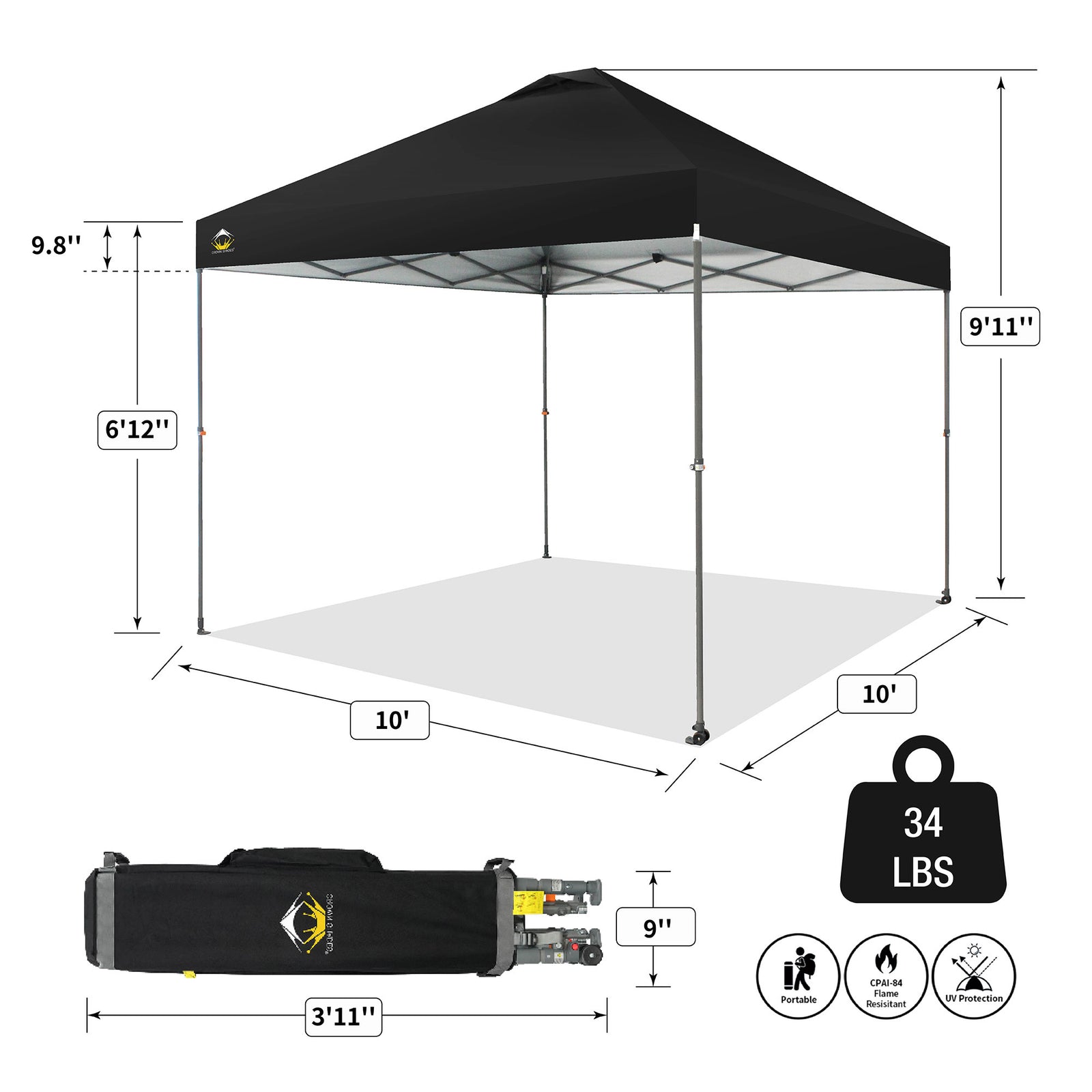 Crown Shades 10’ x 10’ Portable Canopy Tent with Extendable Legs, Black (Used) - VMInnovations