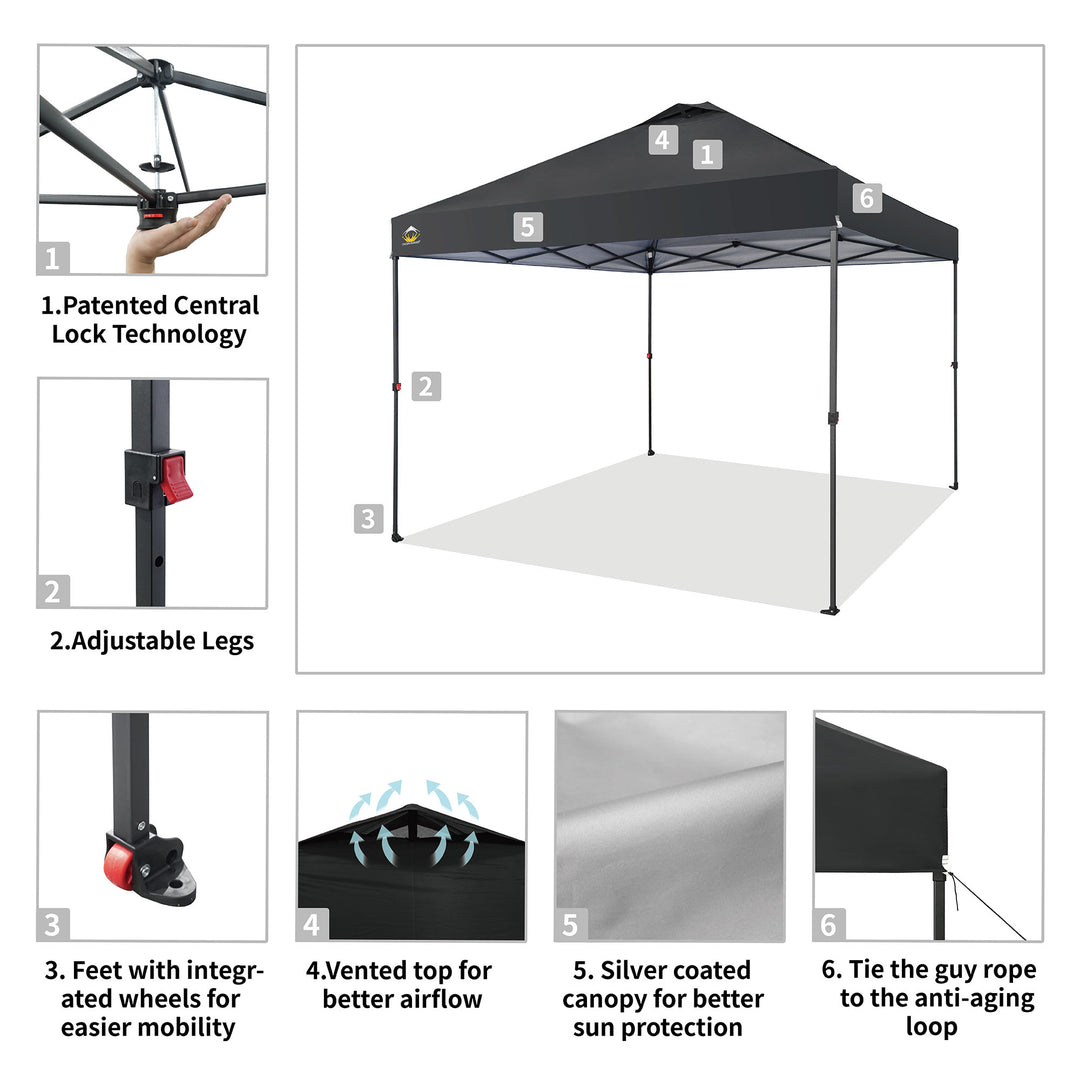 Crown Shades 10’ x 10’ Portable Canopy Tent with Extendable Legs, Black (Used)