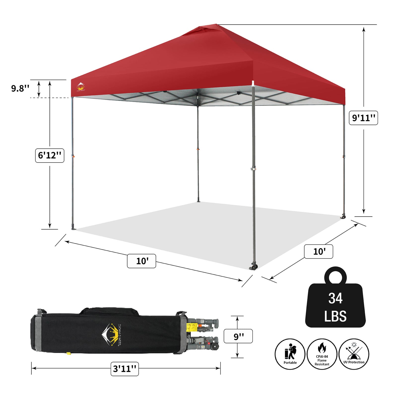 Crown Shades 10’ x 10’ Portable Instant Canopy Tent w/Extendable Legs, Red(Used) - VMInnovations