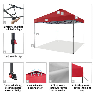 Crown Shades 10’ x 10’ Portable Instant Canopy Tent w/Extendable Legs, Red(Used)