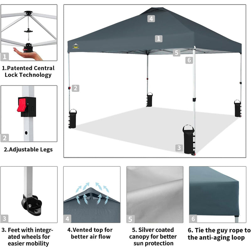 Crown Shades 10x10ft Pop Up Canopy Tent, Single Button Setup, Grid Grey (Used)