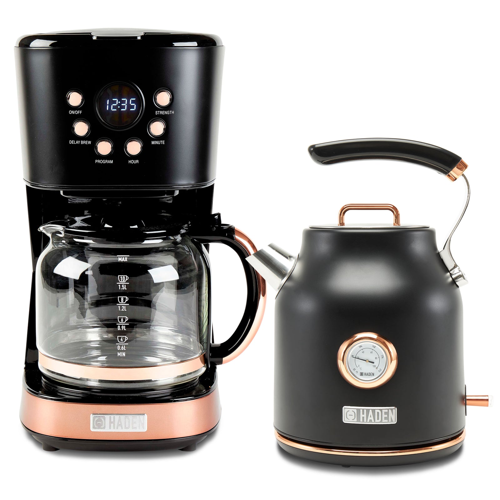 Haden Dorset 1.7L Electric Water Kettle & 12 Cup Coffee Maker, Black & Copper - VMInnovations