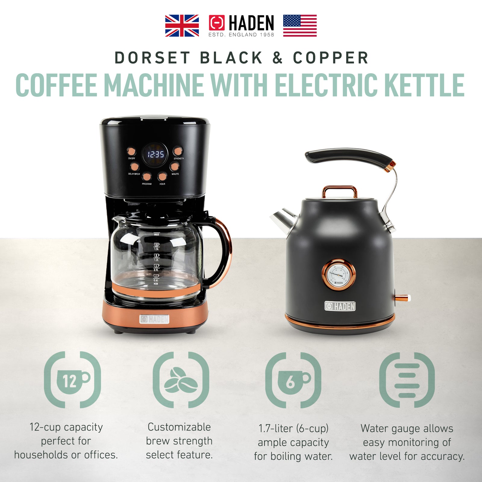 Haden Dorset 1.7L Electric Water Kettle & 12 Cup Coffee Maker, Black & Copper - VMInnovations