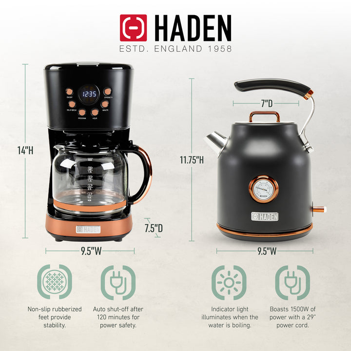 Haden Dorset 1.7L Electric Water Kettle & 12 Cup Coffee Maker, Black & Copper