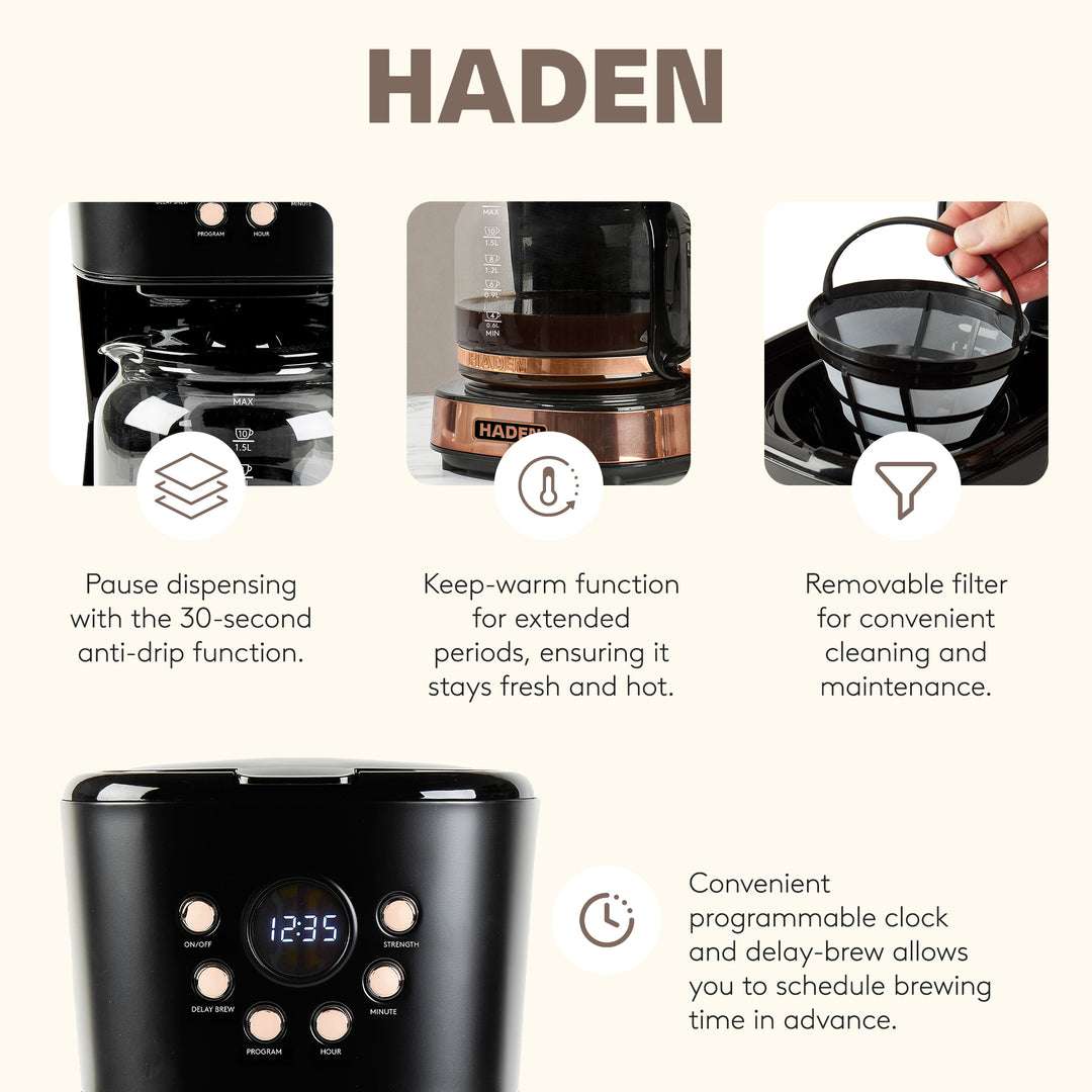 Haden Dorset 1.7L Electric Water Kettle & 12 Cup Coffee Maker, Black & Copper