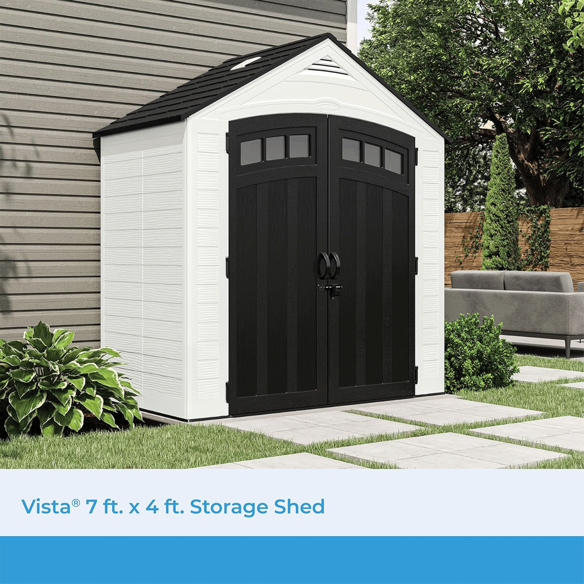 Suncast Vista 187 Cu Ft Storage Shed 7' x 4' Outdoor Garden Patio Box, Ice Cube - VMInnovations