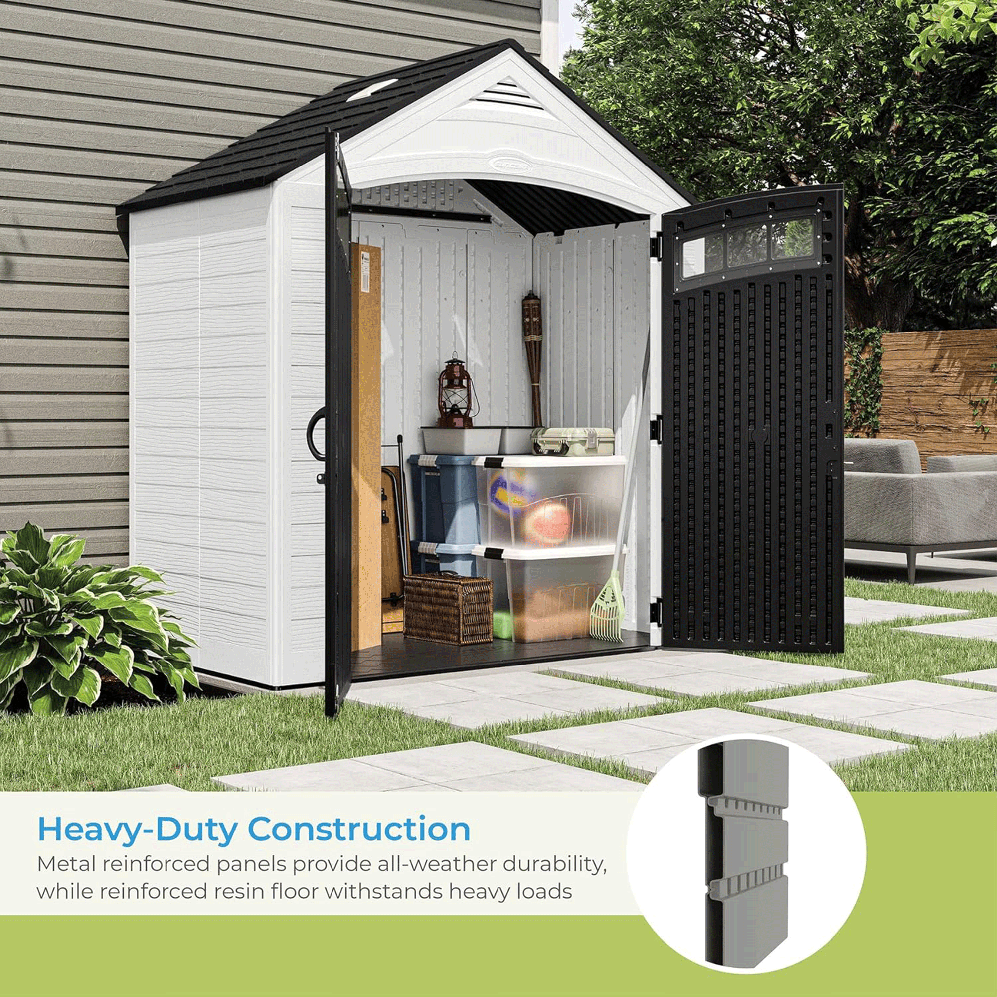 Suncast Vista 187 Cu Ft Storage Shed 7' x 4' Outdoor Garden Patio Box, Ice Cube - VMInnovations