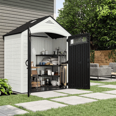 Suncast Vista 187 Cu Ft Storage Shed 7' x 4' Outdoor Garden Patio Box, Ice Cube - VMInnovations