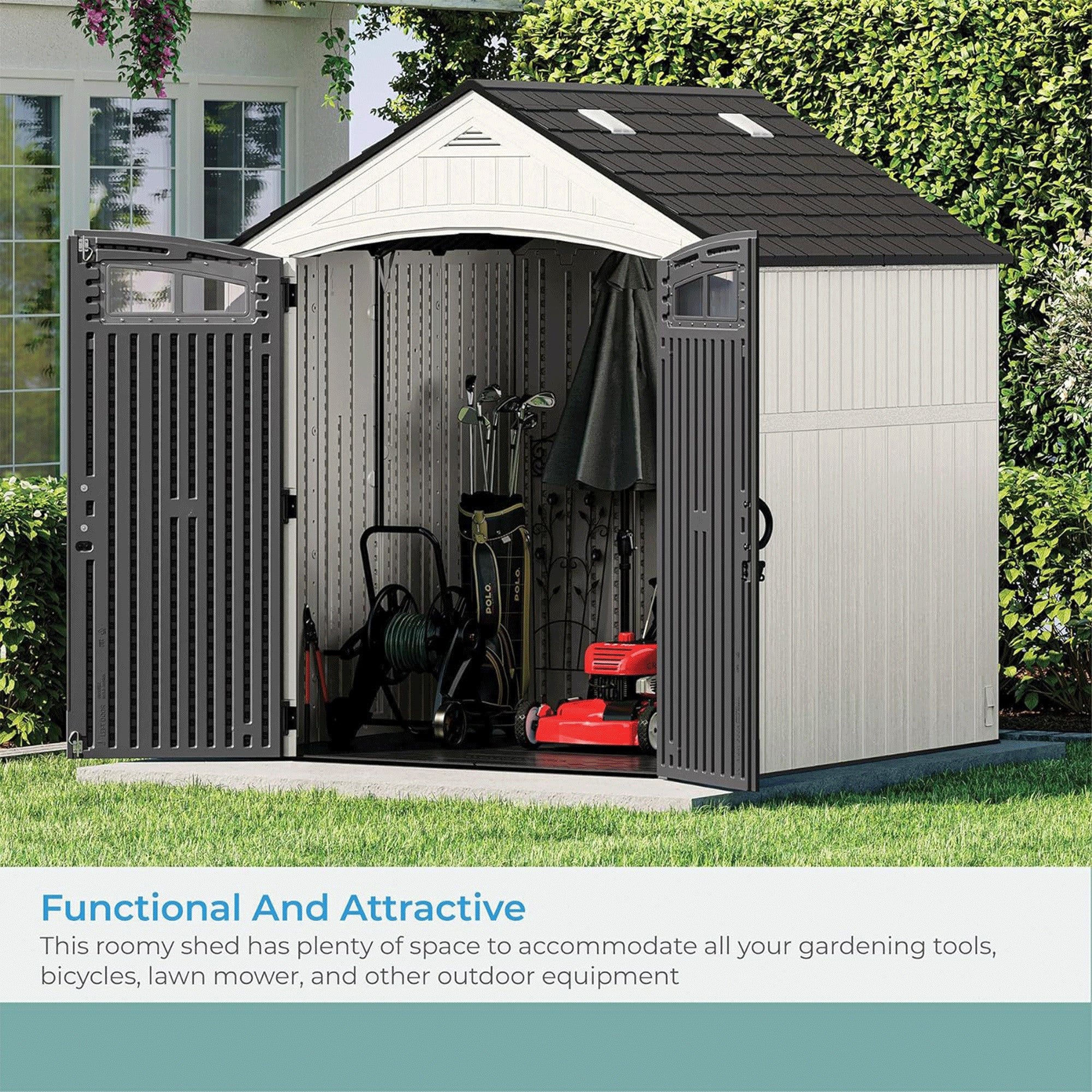 Suncast Ridgeland 327 Cu Ft Storage Shed 7' x 7' Outdoor Patio Box, Ice Cube - VMInnovations
