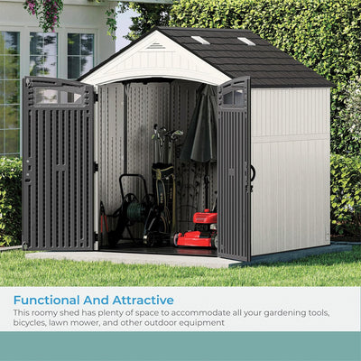 Suncast Ridgeland 327 Cu Ft Storage Shed 7' x 7' Outdoor Patio Box, Ice Cube - VMInnovations