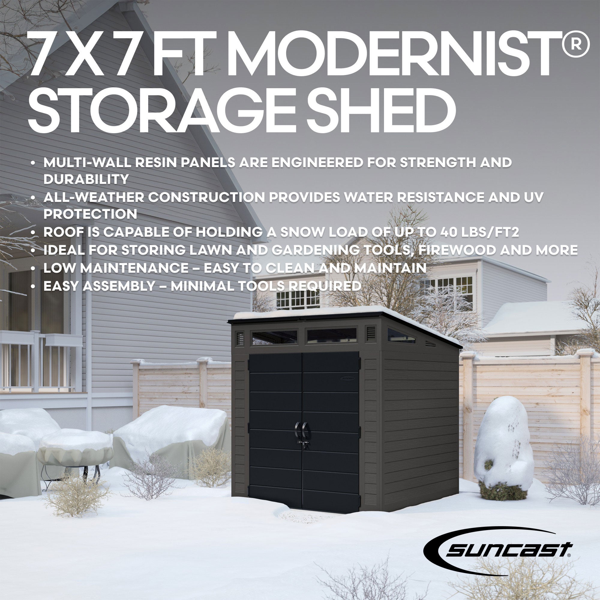 Suncast Modernist 7 f. x 7 ft. Storage Shed with 317 Cubic Feet of Storage Space - VMInnovations