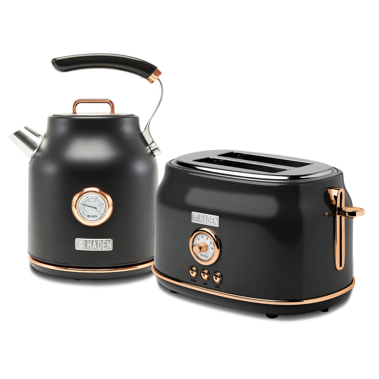 Haden Dorset Electric Water Kettle & 2 Slice Wide Slot Toaster, Black & Copper - VMInnovations