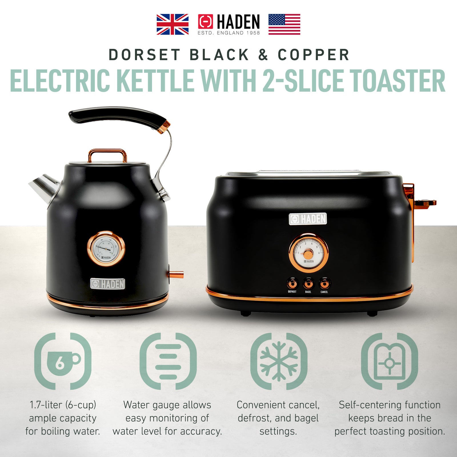Haden Dorset Electric Water Kettle & 2 Slice Wide Slot Toaster, Black & Copper - VMInnovations