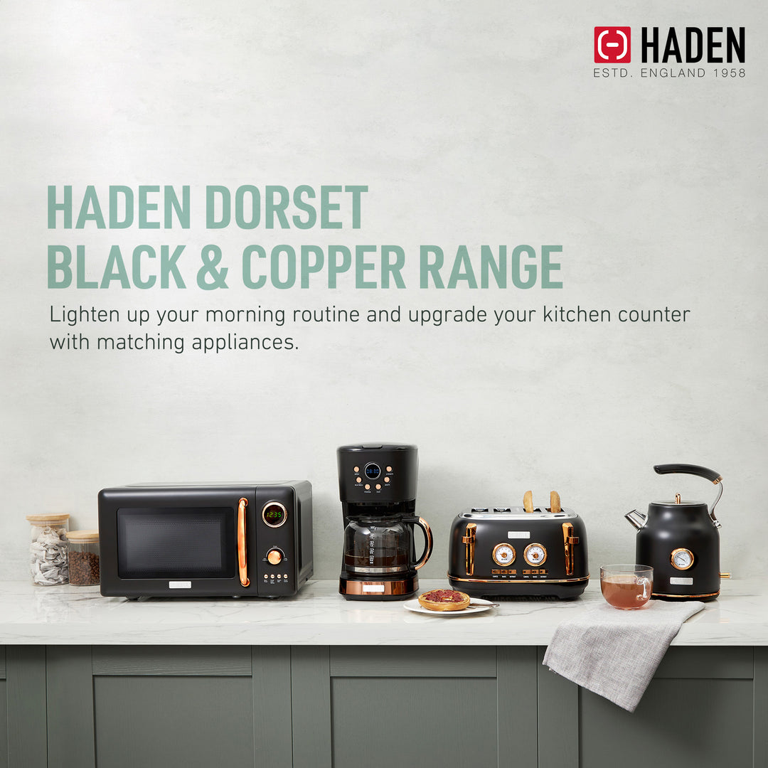 Haden Dorset Electric Water Kettle & 2 Slice Wide Slot Toaster, Black & Copper