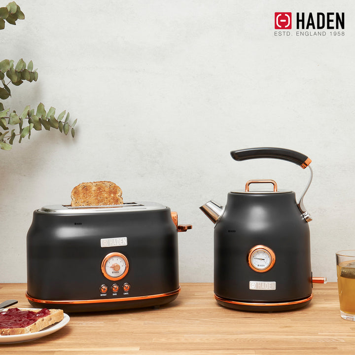 Haden Dorset Electric Water Kettle & 2 Slice Wide Slot Toaster, Black & Copper