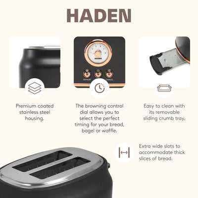 Haden Dorset Electric Water Kettle & 2 Slice Wide Slot Toaster, Black & Copper