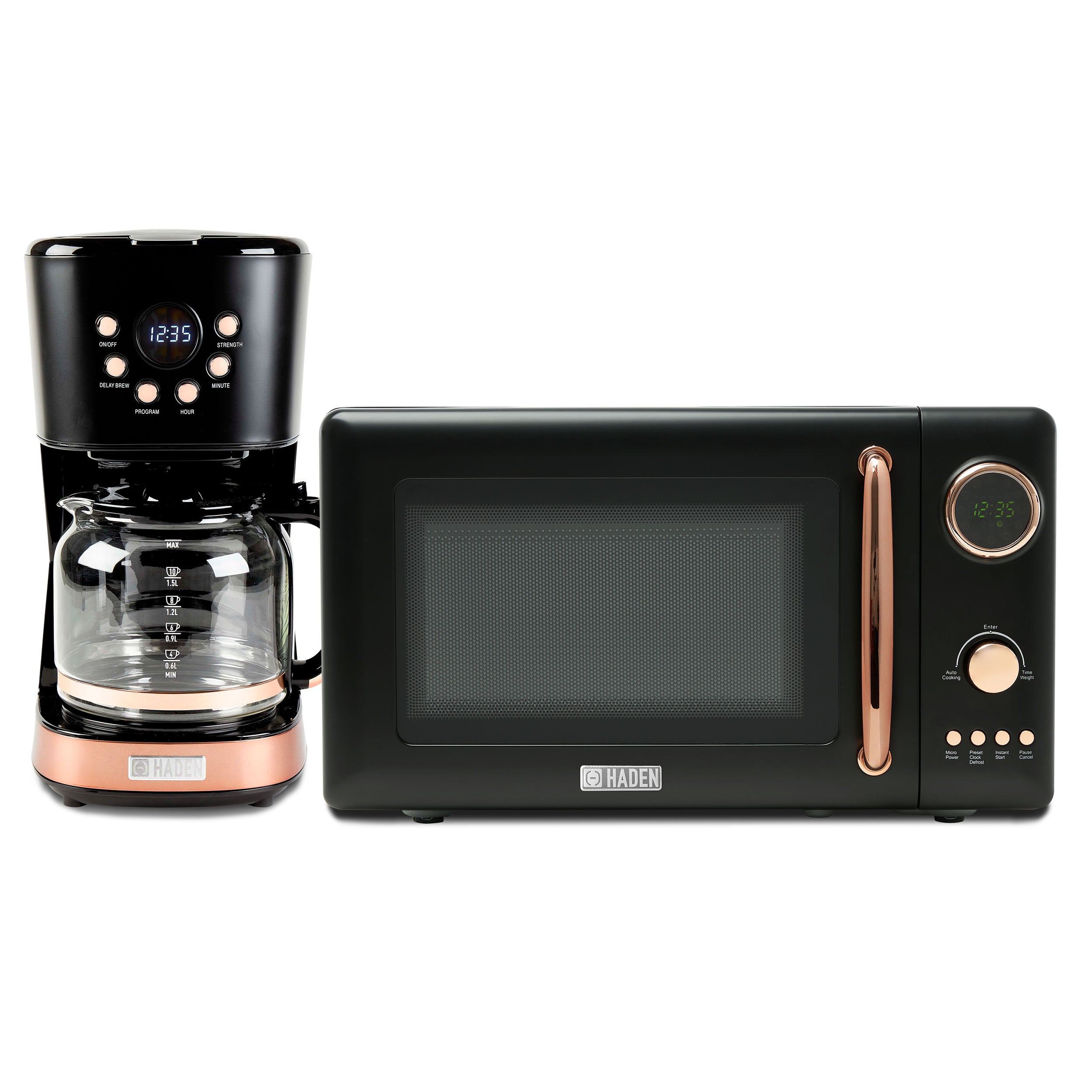 Haden 700W Compact Countertop Microwave & 12 Cup Coffee Maker, Black & Copper