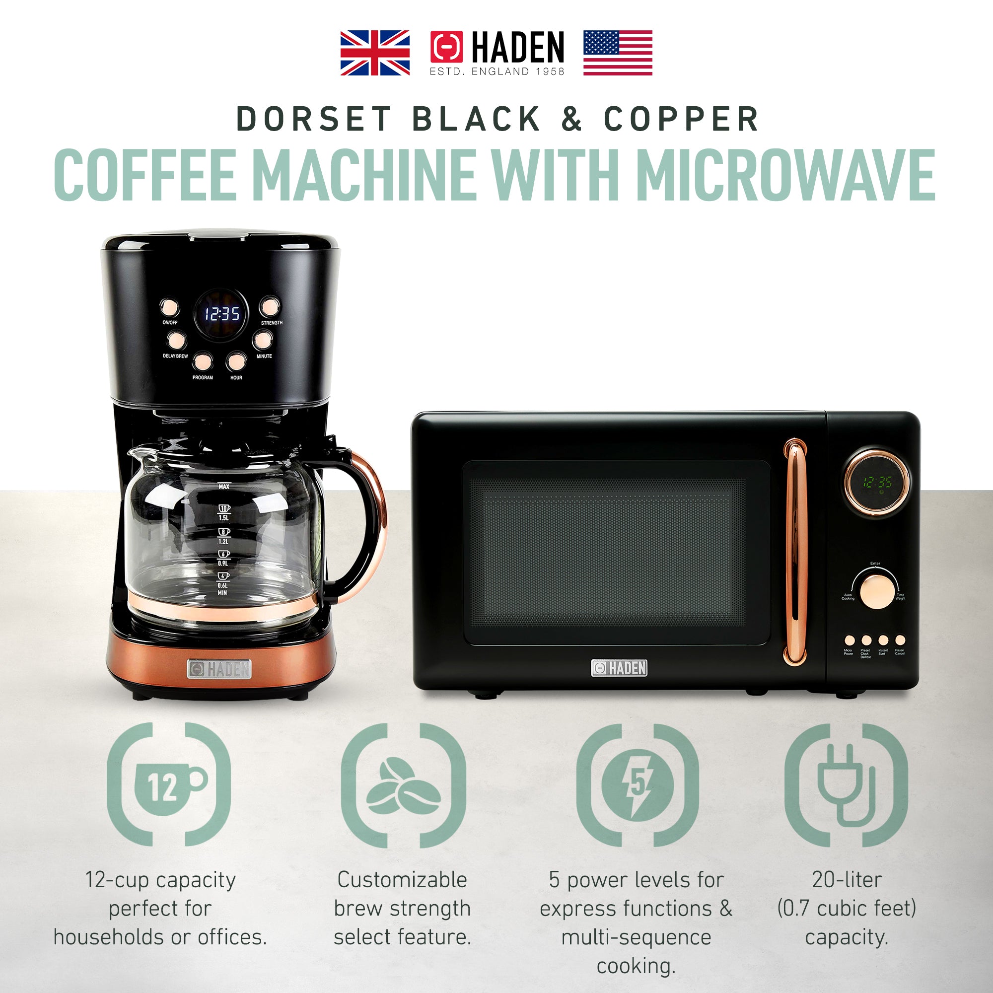Haden 700W Compact Countertop Microwave & 12 Cup Coffee Maker, Black & Copper