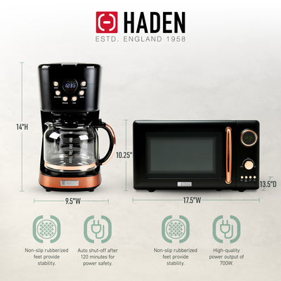 Haden 700W Compact Countertop Microwave & 12 Cup Coffee Maker, Black & Copper