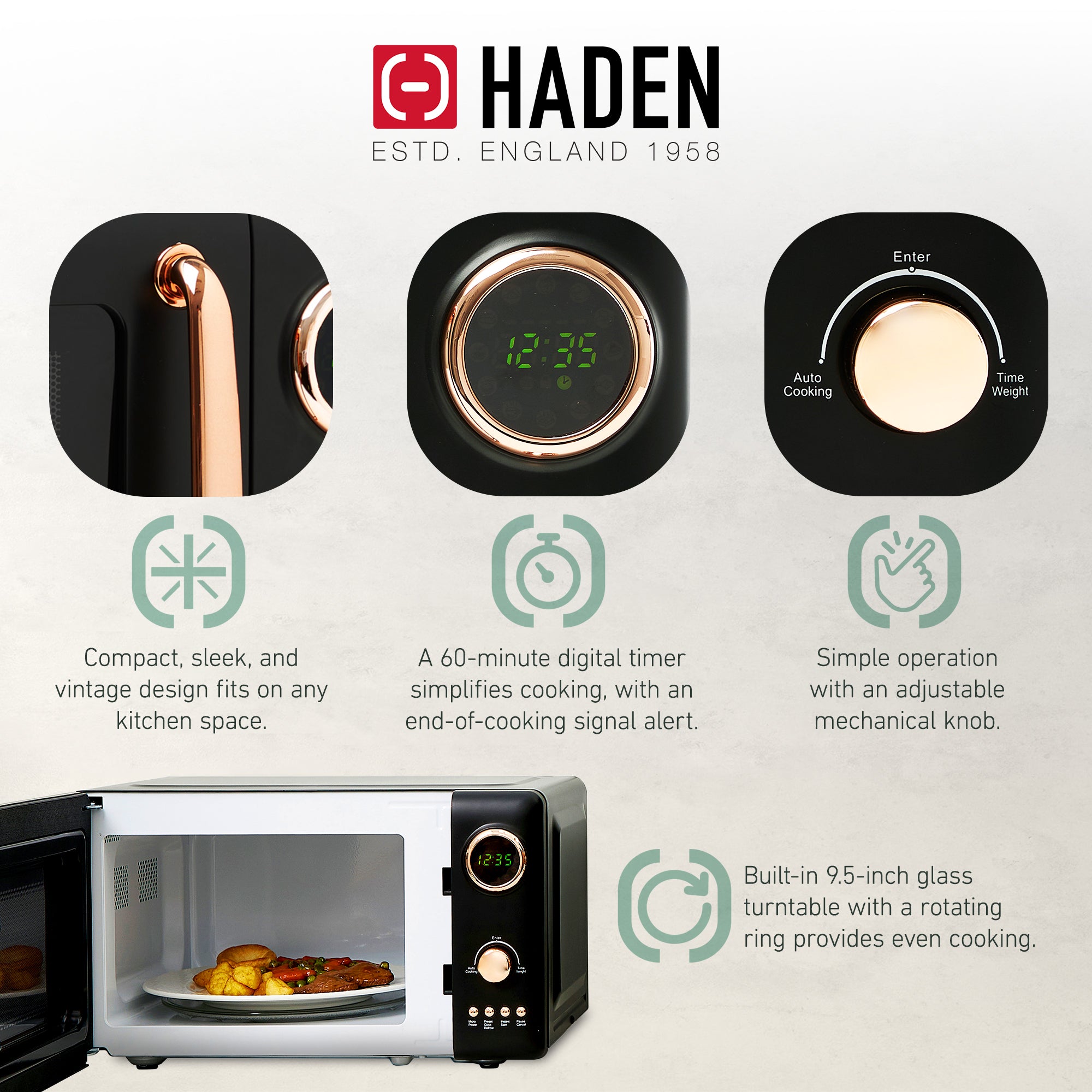 Haden 700W Compact Countertop Microwave & 12 Cup Coffee Maker, Black & Copper