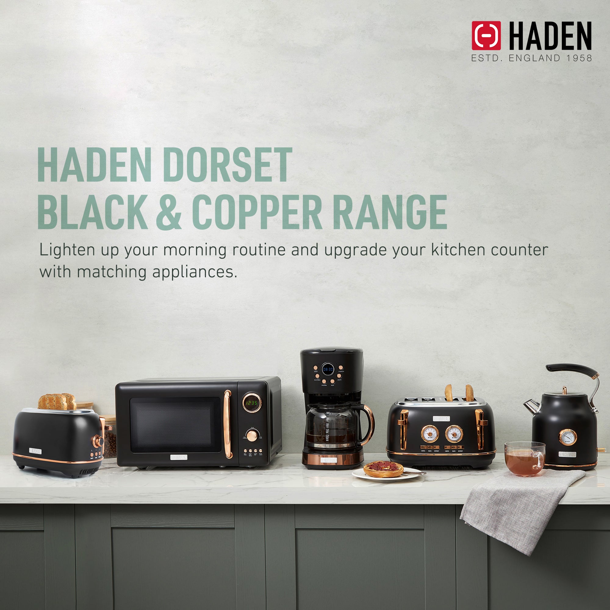 Haden 700W Compact Countertop Microwave & 12 Cup Coffee Maker, Black & Copper