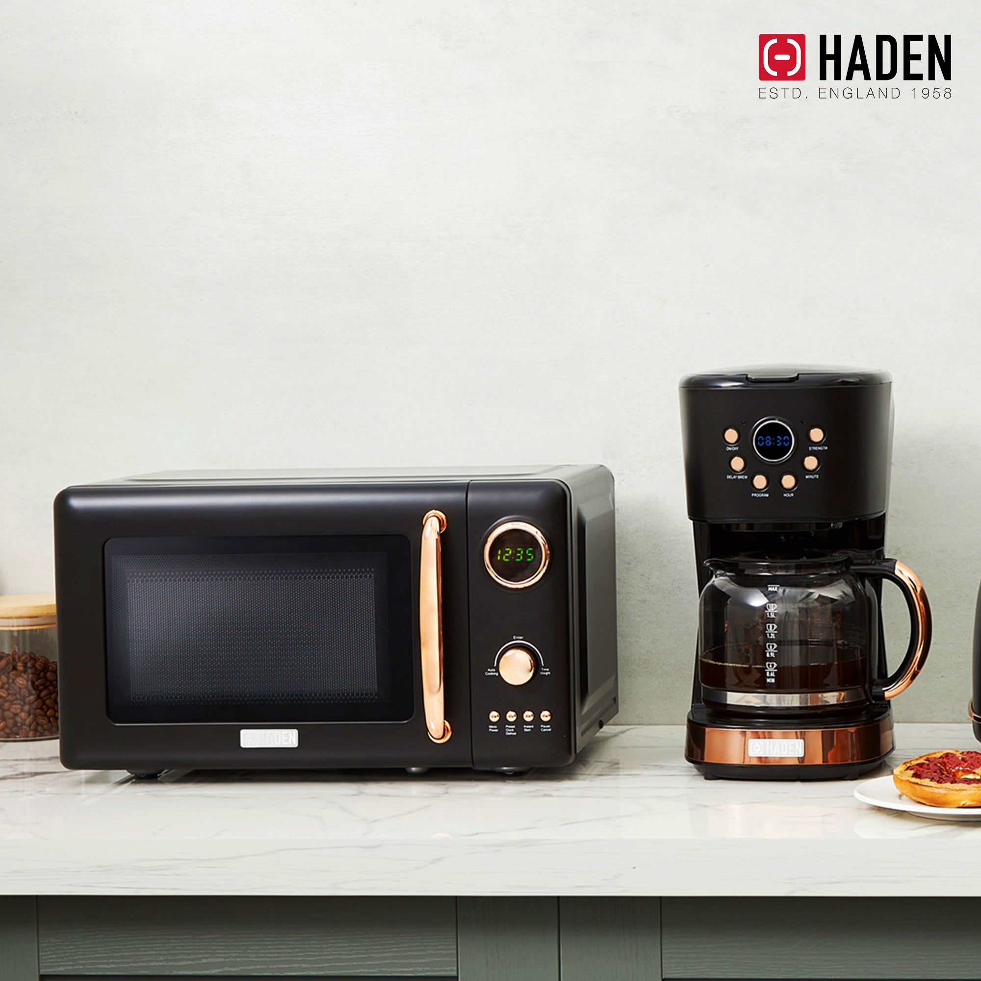 Haden 700W Compact Countertop Microwave & 12 Cup Coffee Maker, Black & Copper