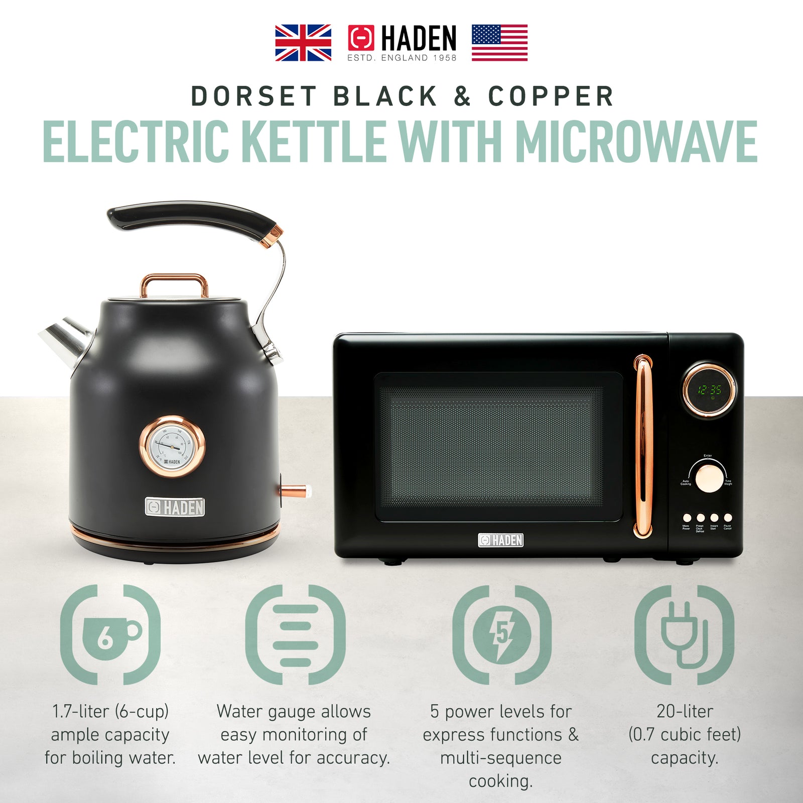 Haden 700W Countertop Microwave & Dorset 1.7L Electric Kettle, Black & Copper - VMInnovations