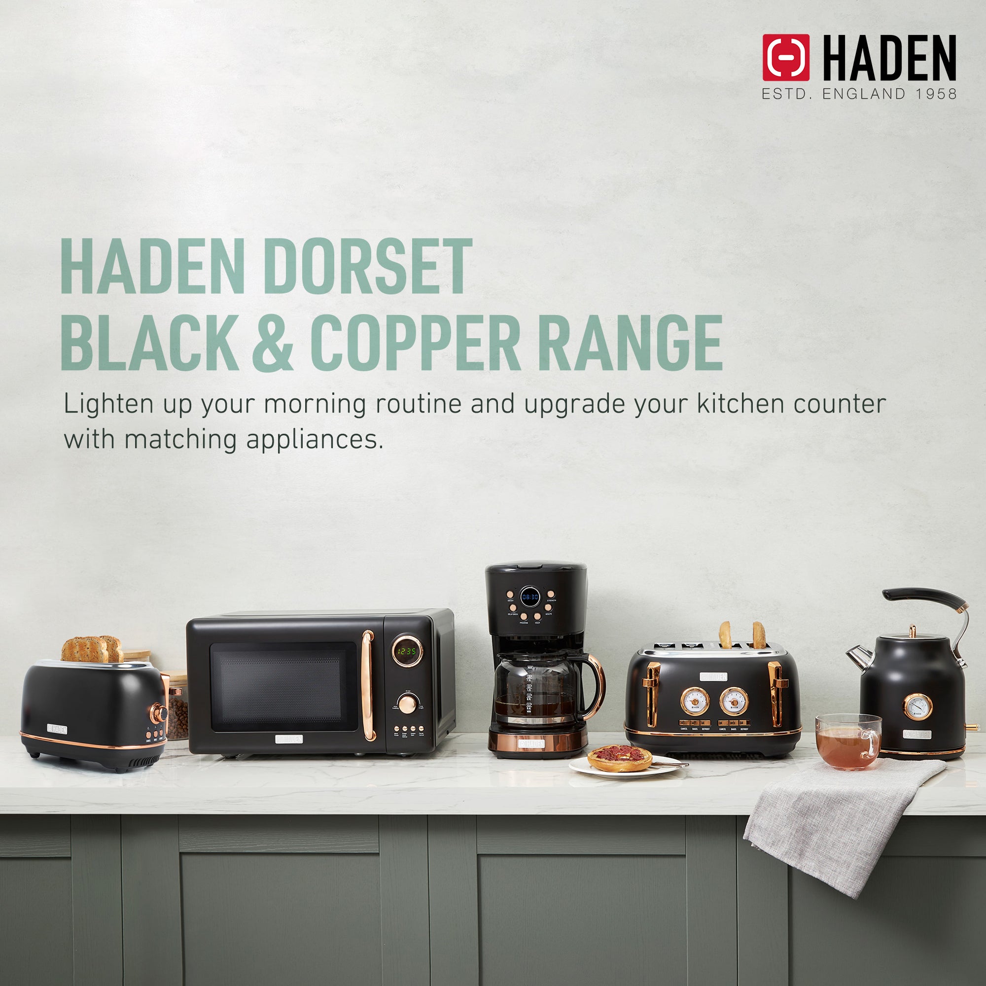 Haden 700W Countertop Microwave & Dorset 1.7L Electric Kettle, Black & Copper - VMInnovations