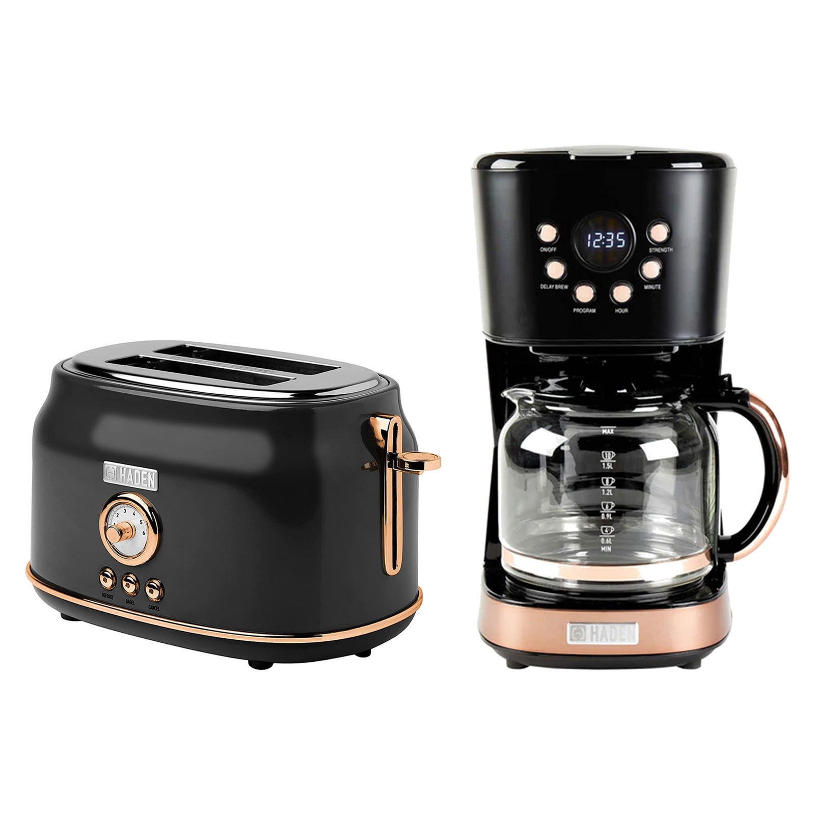 Haden Dorset 2 Slice Wide Slot Toaster & 12 Cup Coffee Maker, Black & Copper - VMInnovations