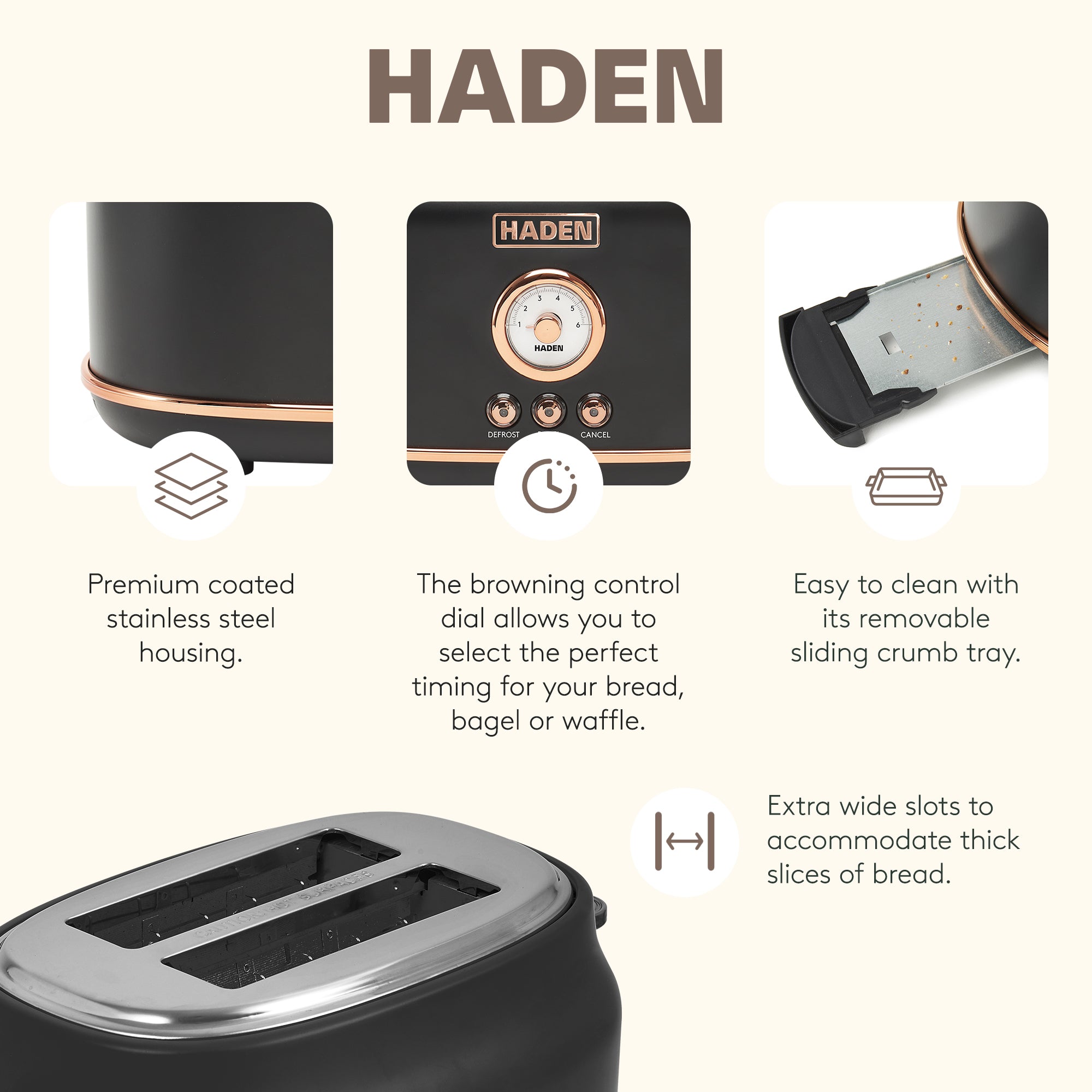 Haden Dorset 2 Slice Wide Slot Toaster & 12 Cup Coffee Maker, Black & Copper