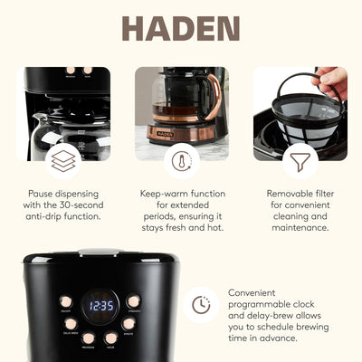 Haden Dorset 2 Slice Wide Slot Toaster & 12 Cup Coffee Maker, Black & Copper