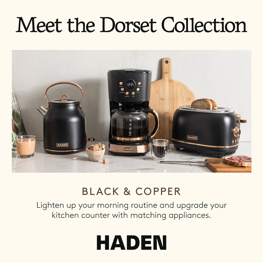 Haden Dorset 2 Slice Wide Slot Toaster & 12 Cup Coffee Maker, Black & Copper