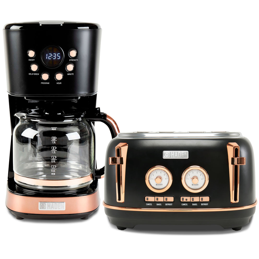 Haden Dorset 4 Slice Wide Slot Toaster & 12 Cup Coffee Maker, Black & Copper