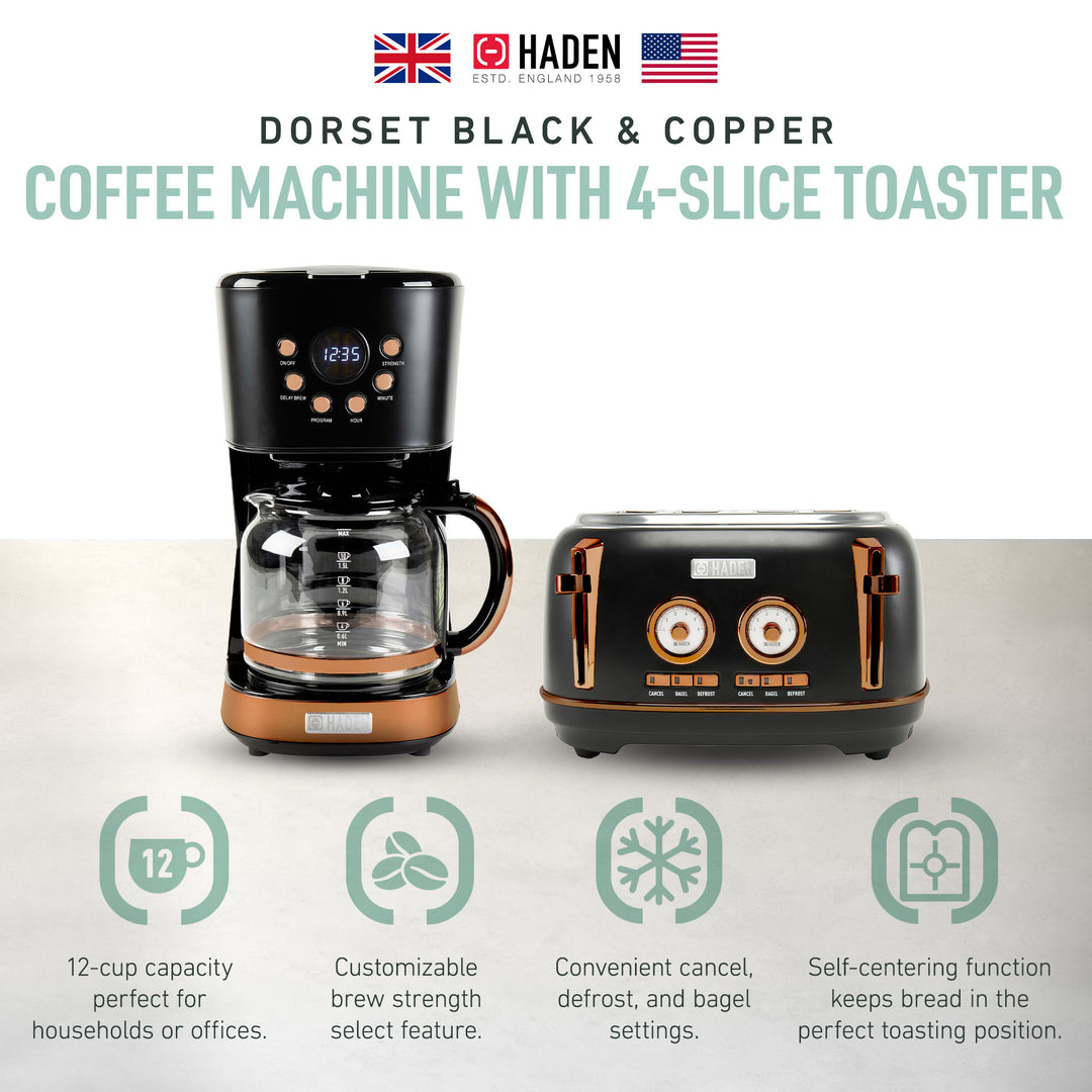 Haden Dorset 4 Slice Wide Slot Toaster & 12 Cup Coffee Maker, Black & Copper