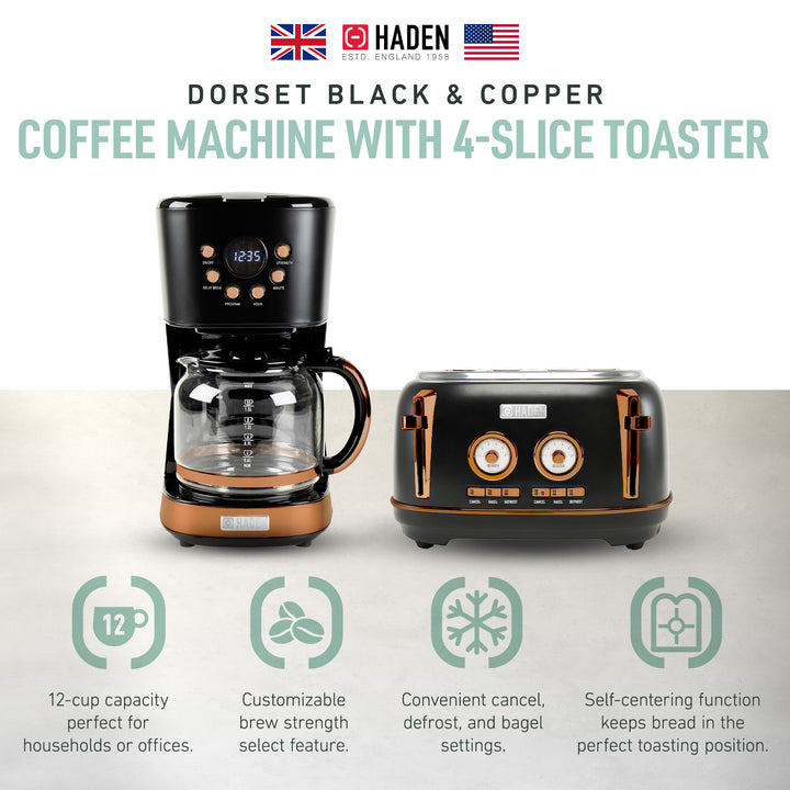 Haden Dorset 4 Slice Wide Slot Toaster & 12 Cup Coffee Maker, Black & Copper