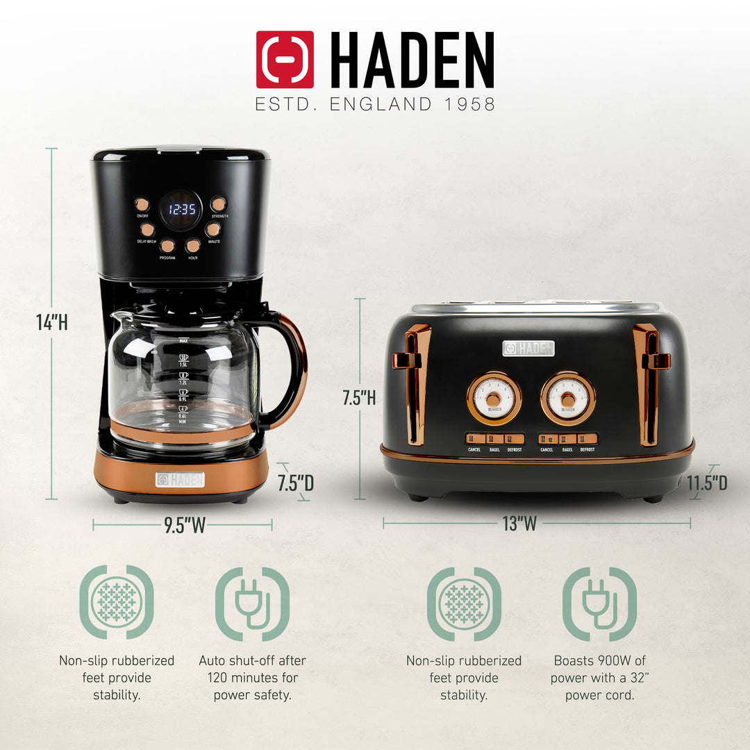 Haden Dorset 4 Slice Wide Slot Toaster & 12 Cup Coffee Maker, Black & Copper