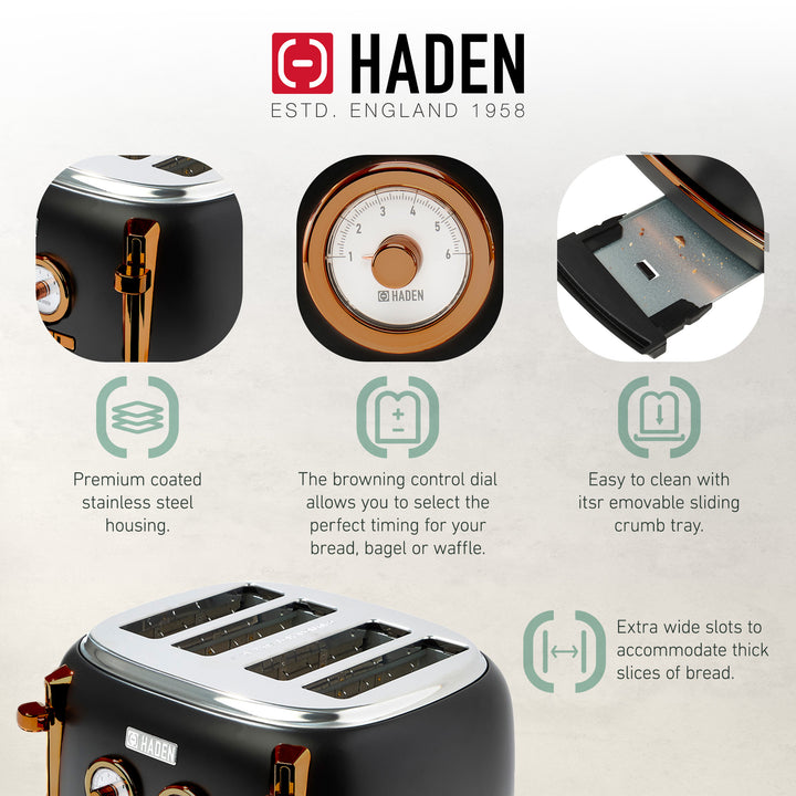 Haden Dorset 4 Slice Wide Slot Toaster & 12 Cup Coffee Maker, Black & Copper