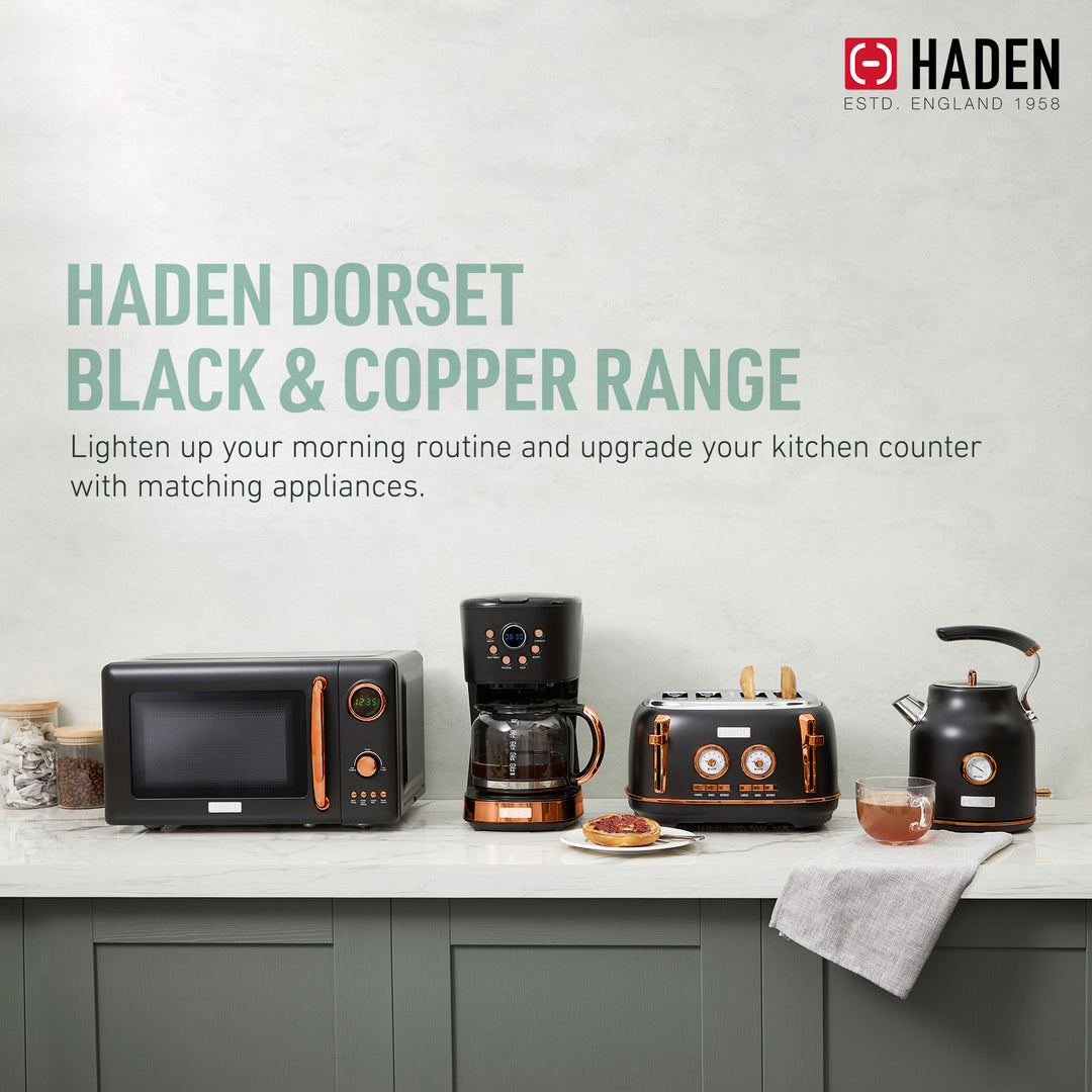 Haden Dorset 4 Slice Wide Slot Toaster & 12 Cup Coffee Maker, Black & Copper