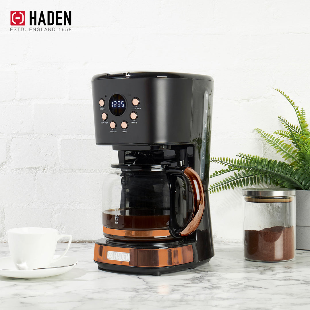 Haden Dorset 4 Slice Wide Slot Toaster & 12 Cup Coffee Maker, Black & Copper