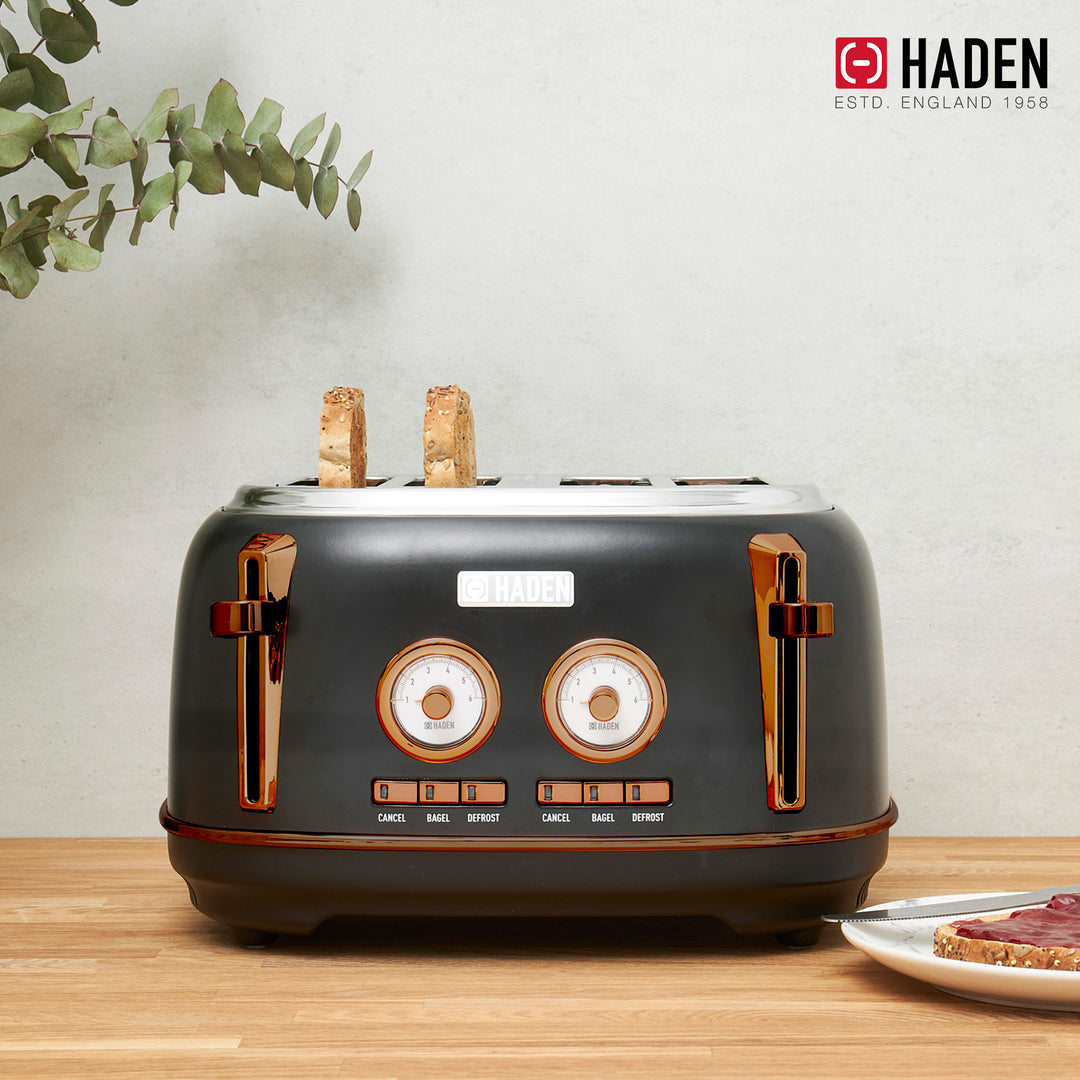 Haden Dorset 4 Slice Wide Slot Toaster & 12 Cup Coffee Maker, Black & Copper