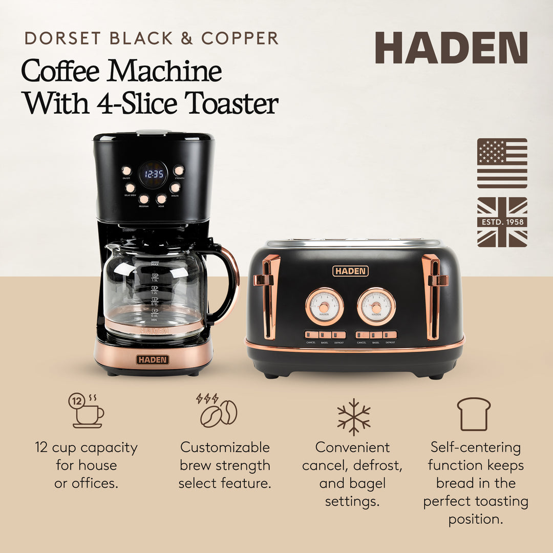 Haden Dorset 4 Slice Wide Slot Toaster & 12 Cup Coffee Maker, Black & Copper