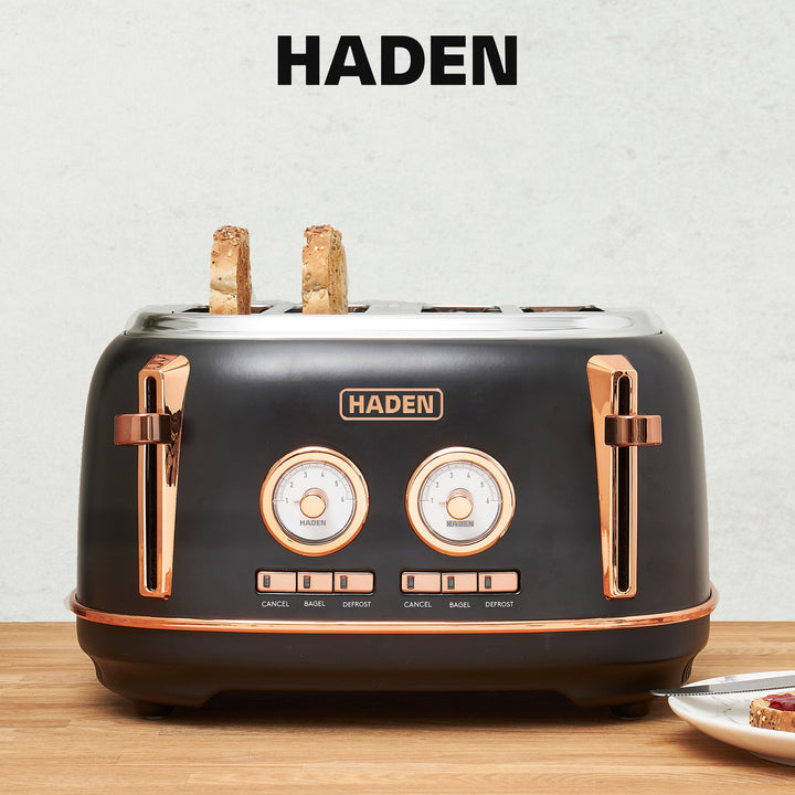 Haden Dorset 4 Slice Wide Slot Toaster & 12 Cup Coffee Maker, Black & Copper