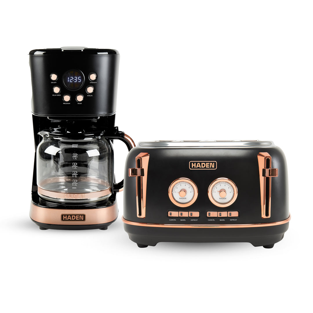 Haden Dorset 4 Slice Wide Slot Toaster & 12 Cup Coffee Maker, Black & Copper