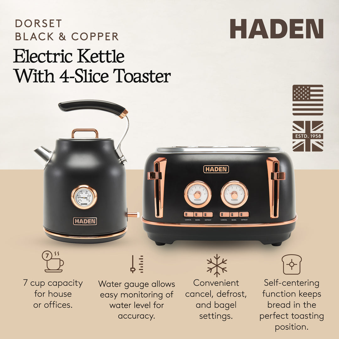 Haden Dorset Electric Water Kettle & 4 Slice Wide Slot Toaster, Black & Copper - VMInnovations