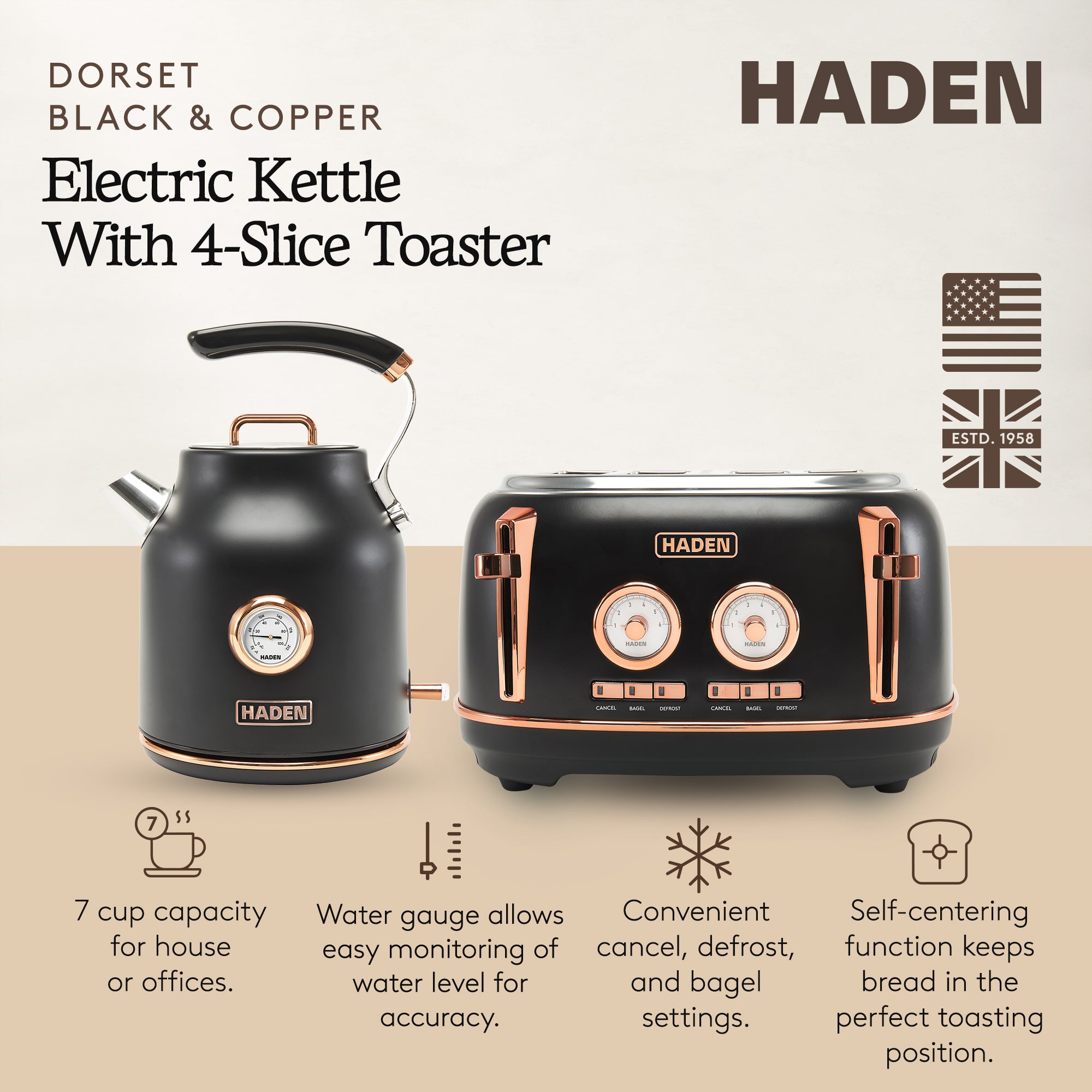 Haden Dorset Electric Water Kettle & 4 Slice Wide Slot Toaster, Black & Copper - VMInnovations