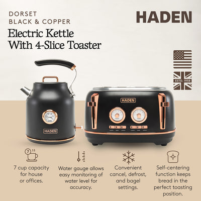 Haden Dorset Electric Water Kettle & 4 Slice Wide Slot Toaster, Black & Copper - VMInnovations