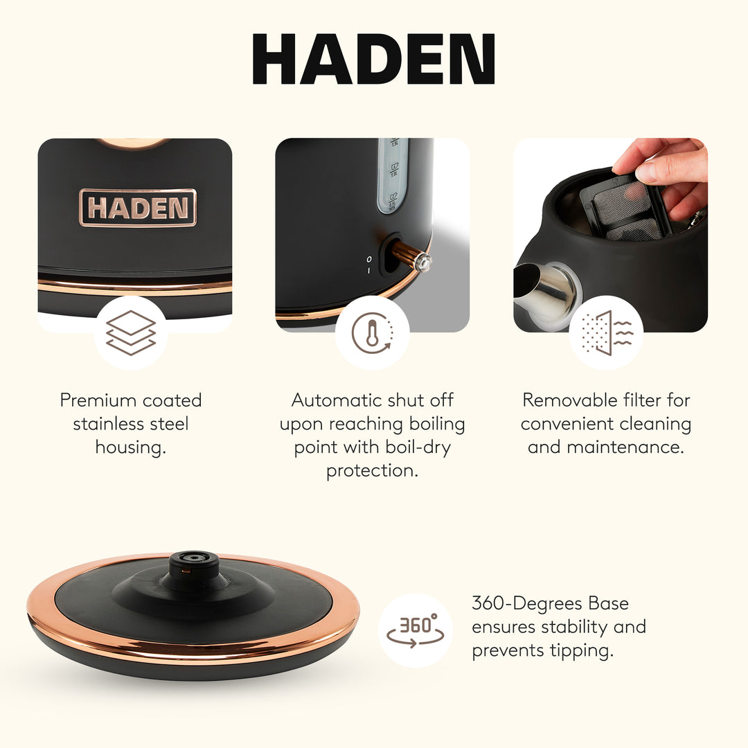 Haden Dorset Electric Water Kettle & 4 Slice Wide Slot Toaster, Black & Copper - VMInnovations