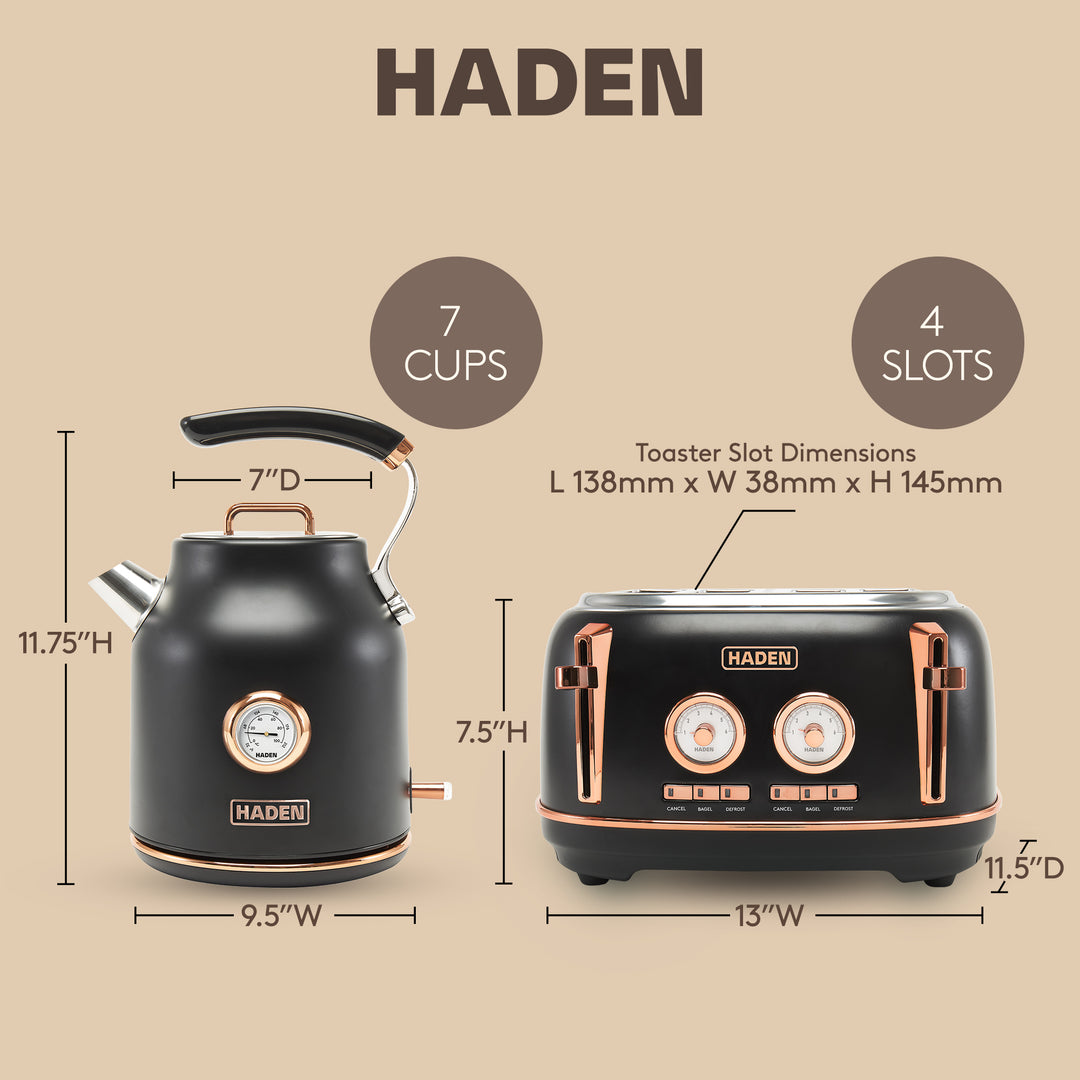 Haden Dorset Electric Water Kettle & 4 Slice Wide Slot Toaster, Black & Copper - VMInnovations